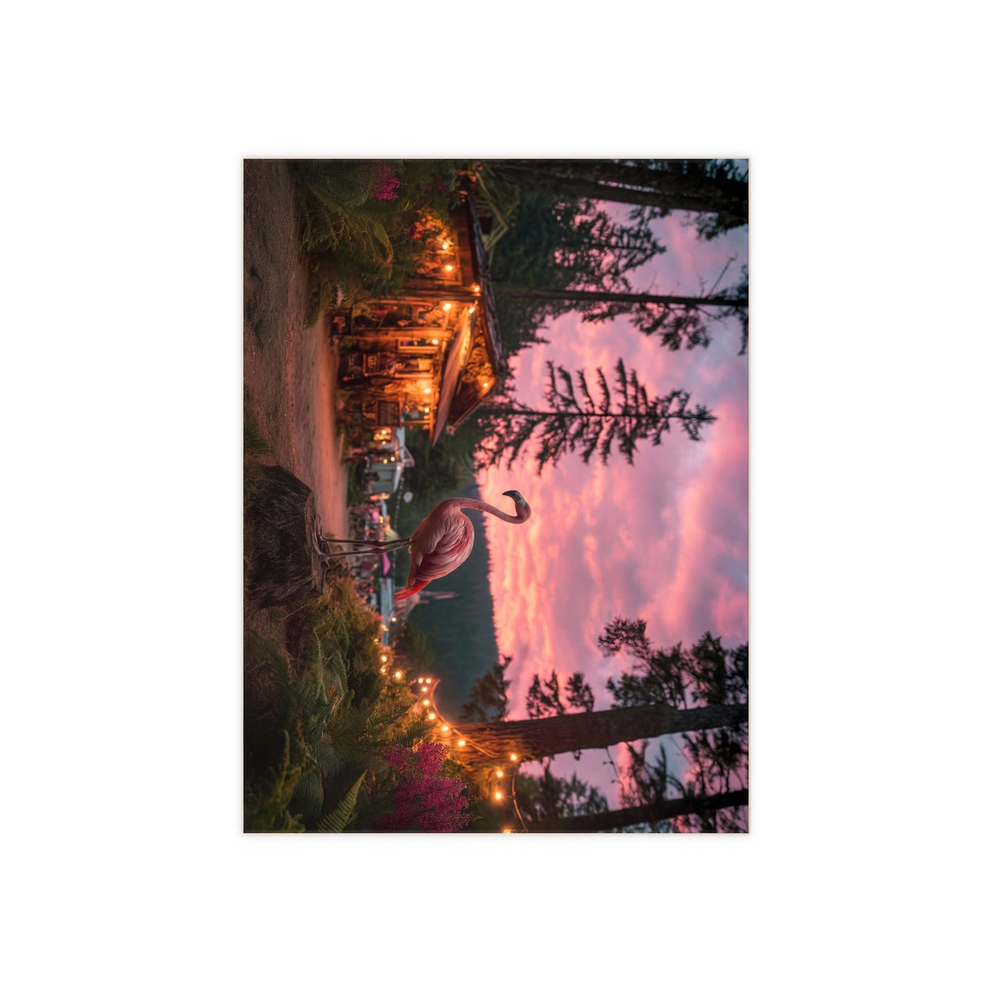Pink Flamingo Forest Twilight Ceramic Photo Tile – Whimsical Sunset Sentinel