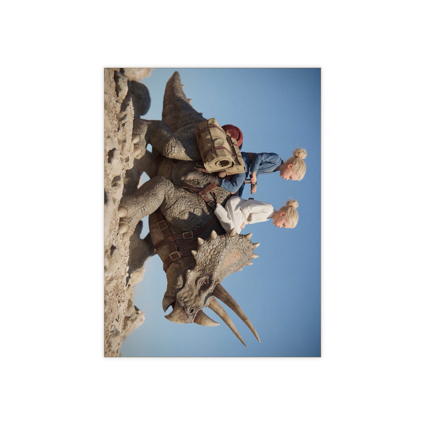 Twin Adventurers on Triceratops Ceramic Photo Tile – Dusty Desert Ride Under Clear Skies