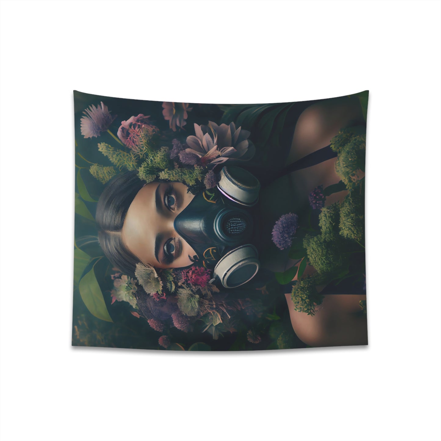 a beautiful woman wearing a gas mask filled with plants and flowers and moss - Printed Wall Tapestry