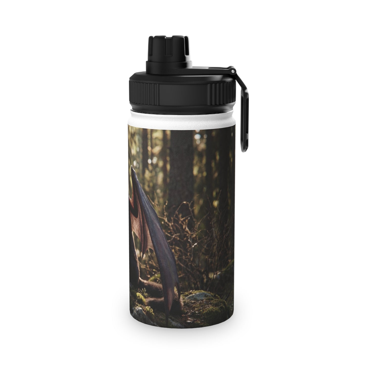Dragon Wolf in the Sunlit Woods Stainless Steel Water Bottle, Sports Lid – Guardian of the Mossy Glade