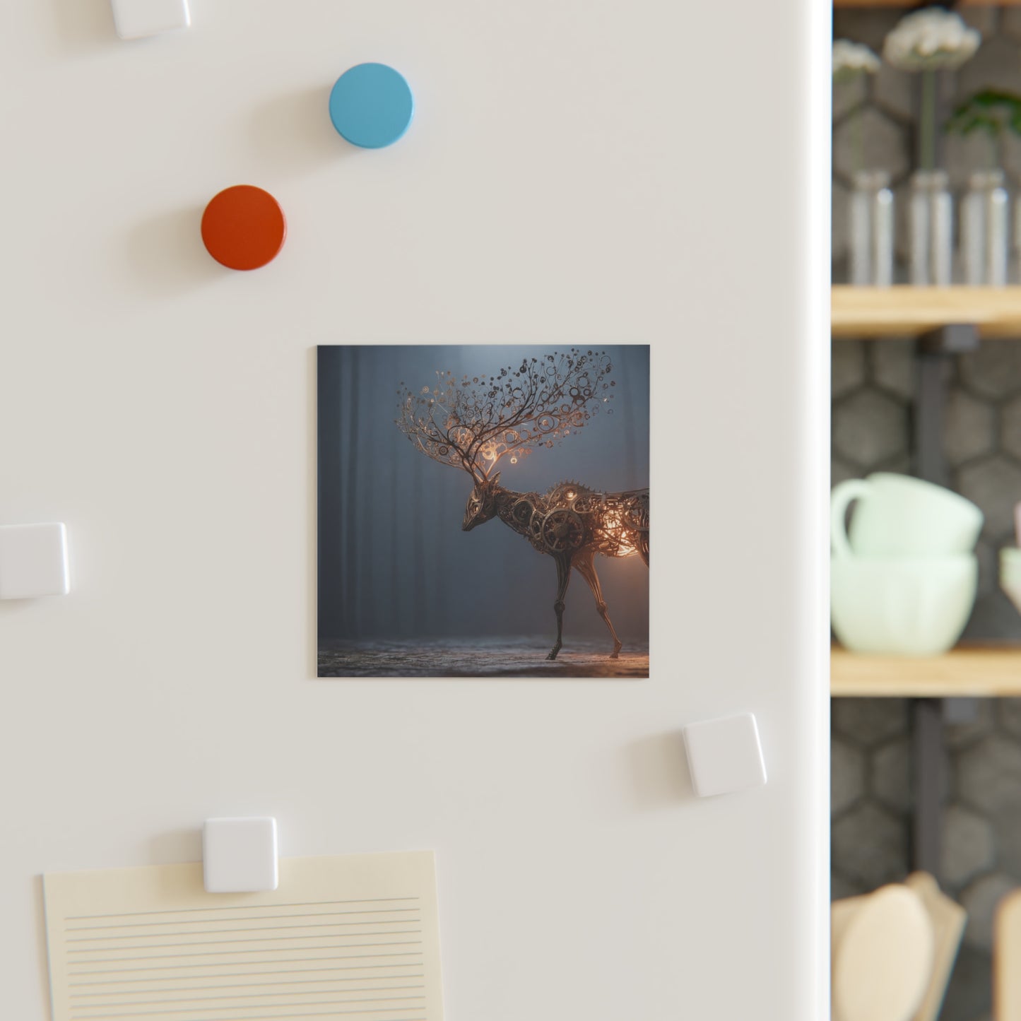 Steampunk Deer Square Magnet – Luminescent Gear Antlers in Twilight Forest