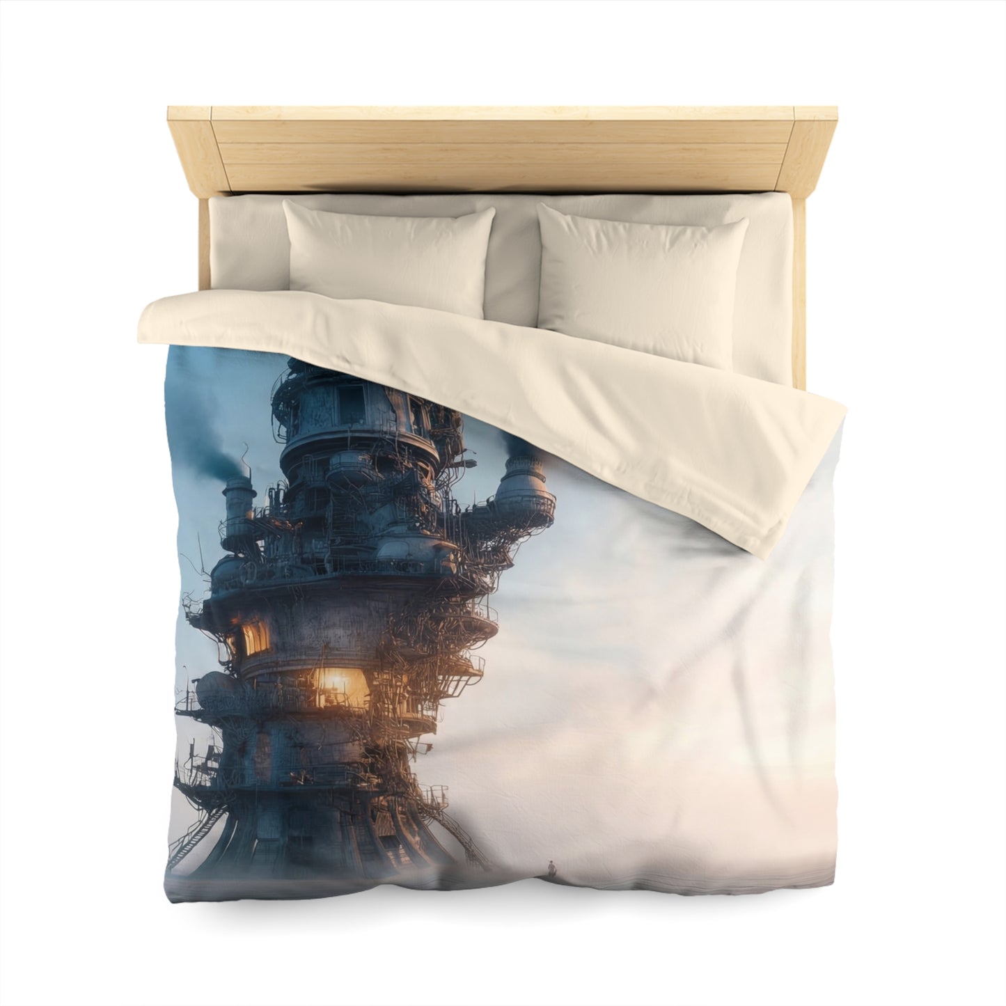 Skyward Steam Tower Microfiber Duvet Cover – A孤独 Sentinel in Dawn’s Hush
