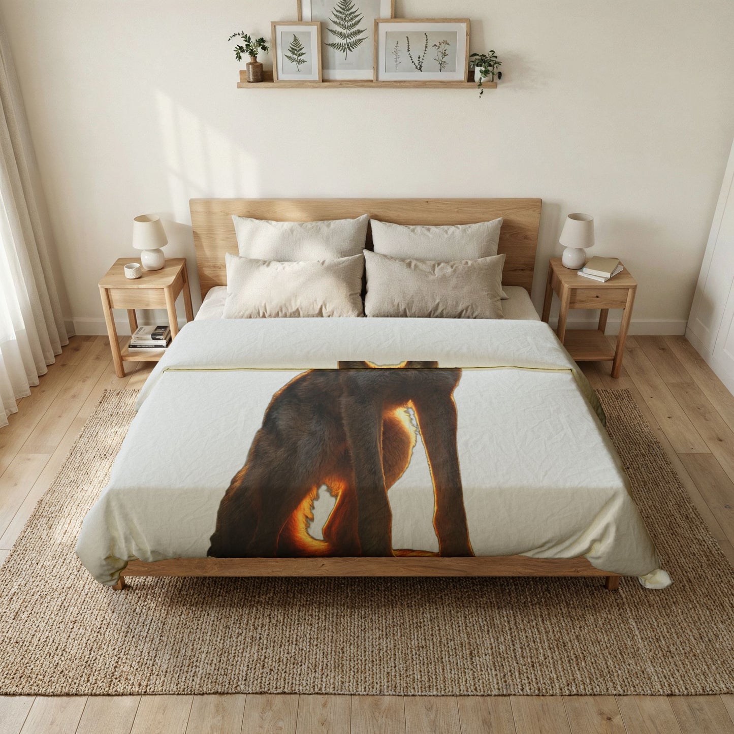Golden Light Sentinel Wolf Cotton Duvet Cover – Watchful Guardian Night Scene