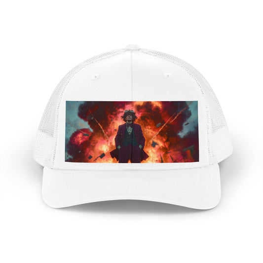 Explosive Vignette Trucker Retro Hat – Crimson Pinstripe Sentinel