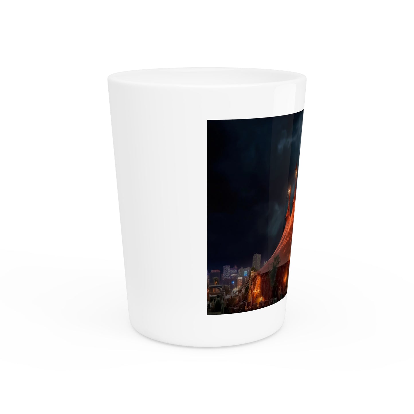 Crimson Circus Tent Shot Glass – Neon Nightscape Under Stormy Skies