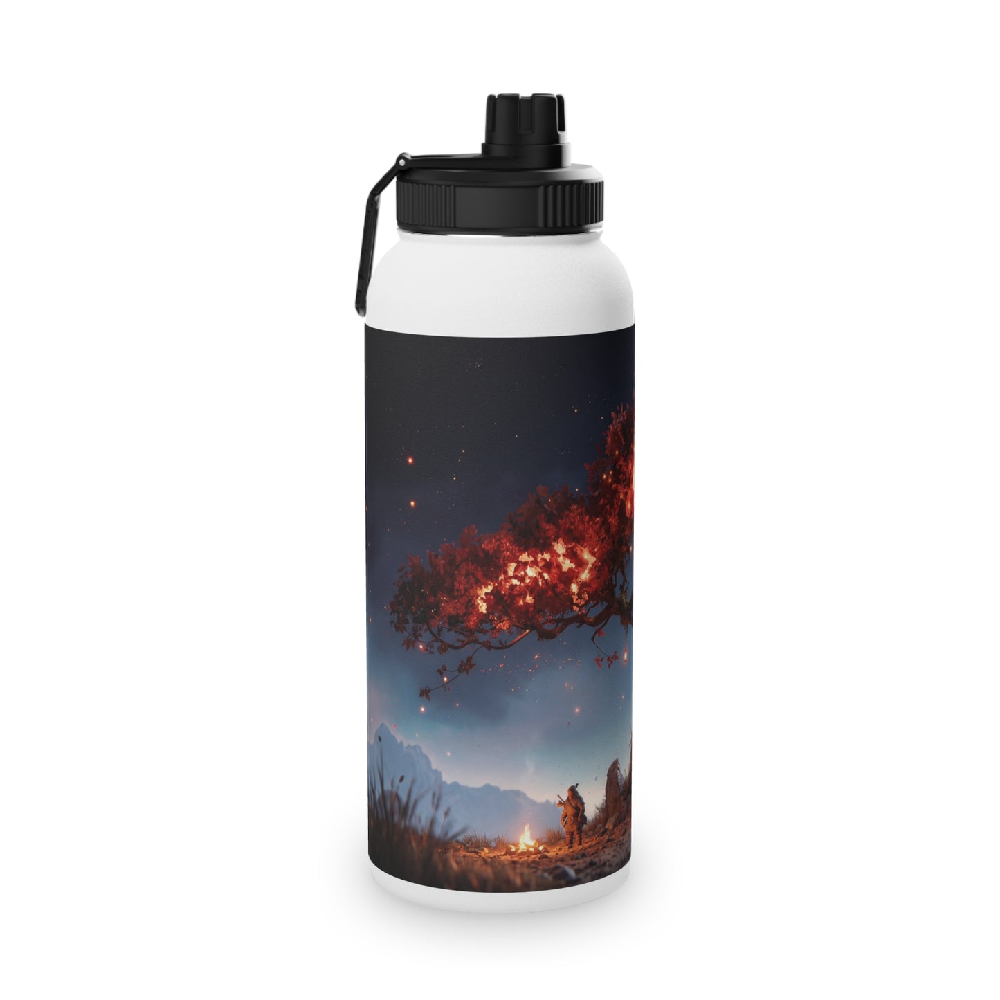Whispering Ember Tree Stainless Steel Water Bottle, Sports Lid – Moonlit Campfire Sanctuary