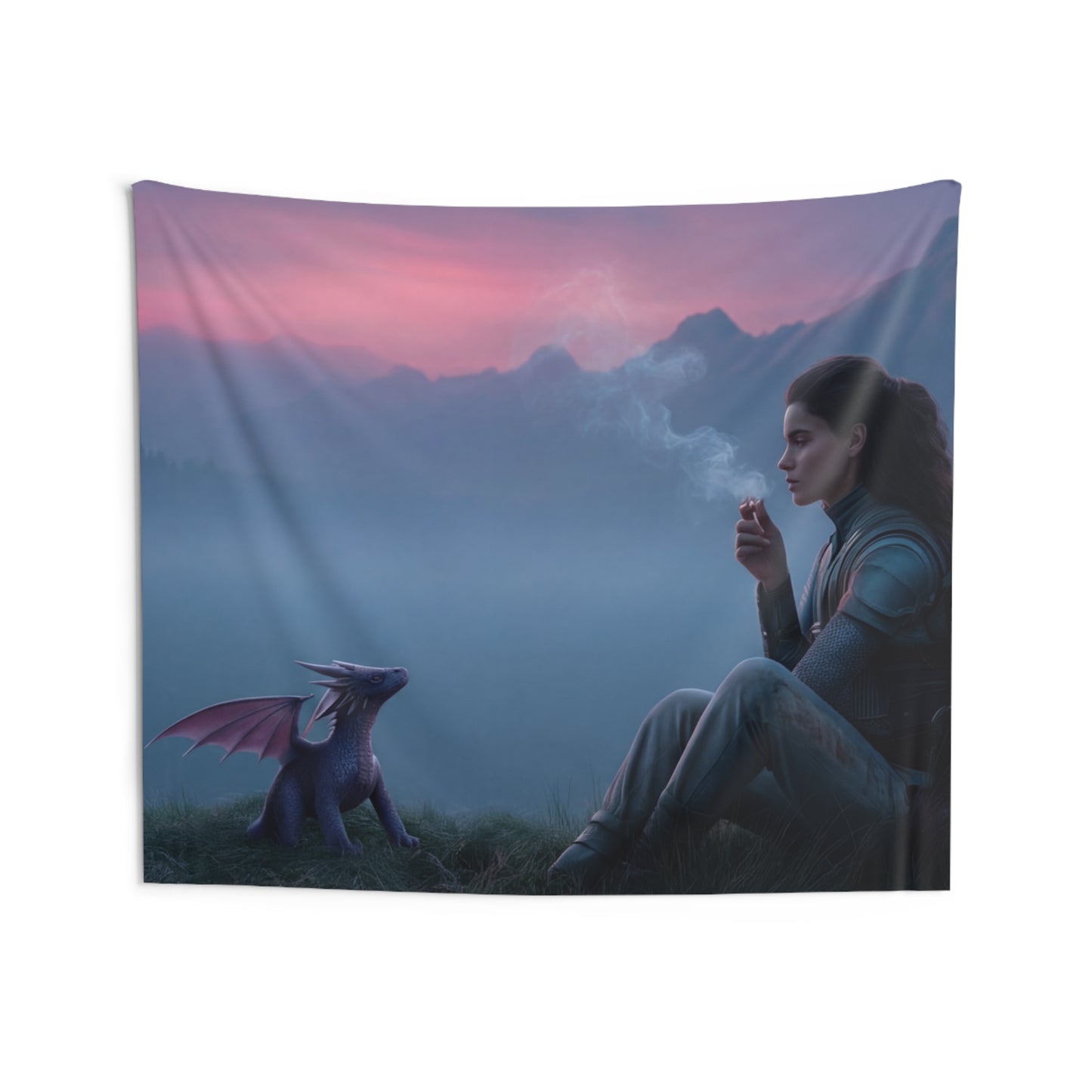 Warrior and Dragon at Dawn Wall Tapestry – Quiet Mountain Vigil