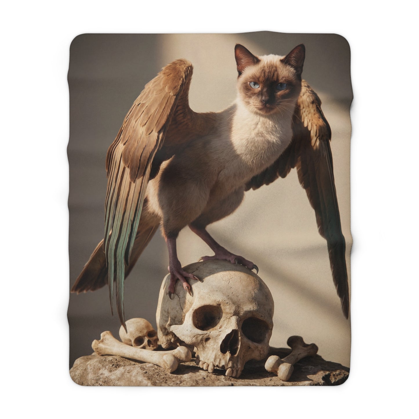 Winged Siamese Cat Sherpa Fleece Blanket – Sunlit Guardian of Bone and Sky