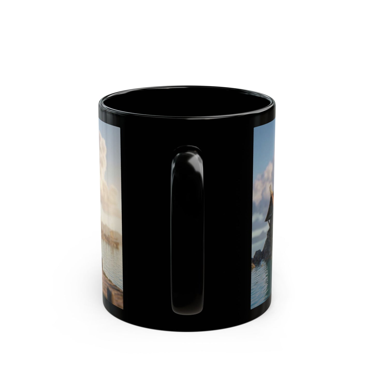Harbor’s Whisper Black Mug – Sunset Coastline Village Dreamscape