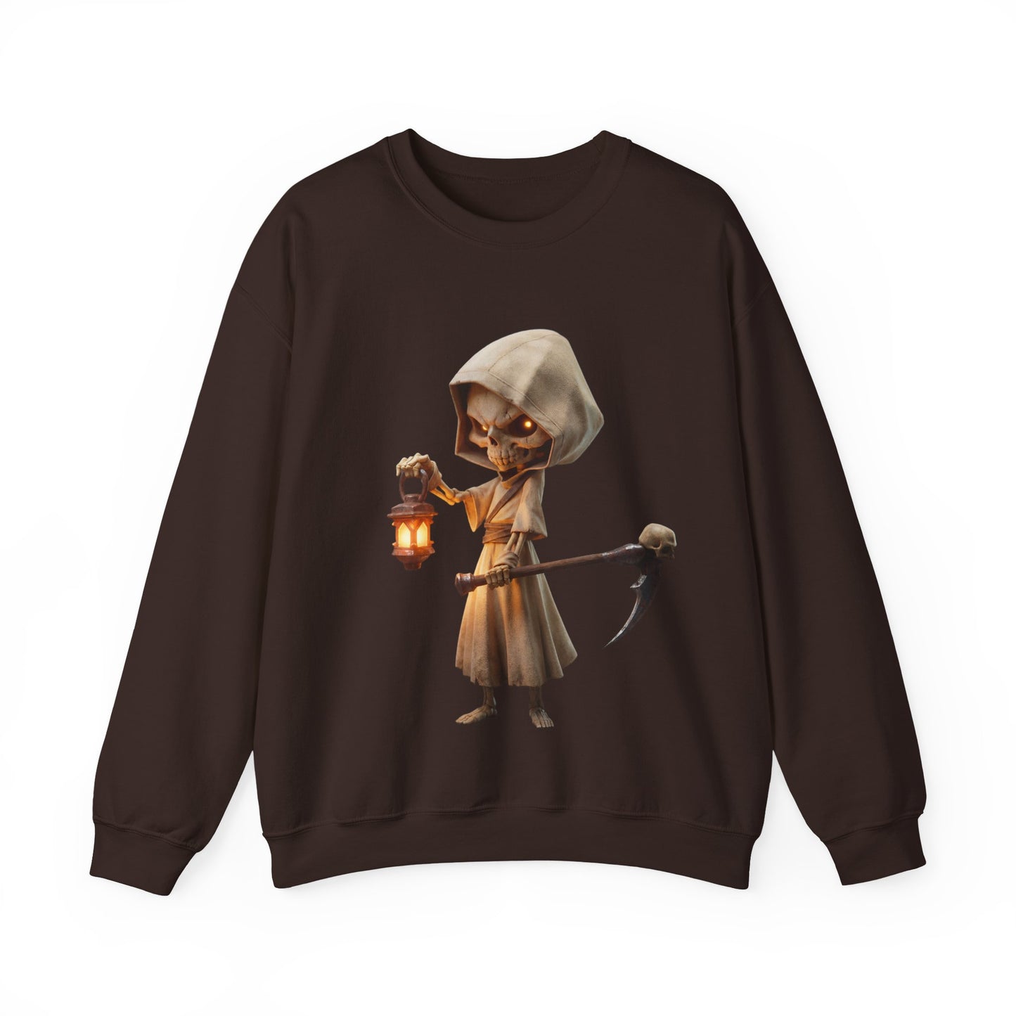 Lantern-Bearing Grim Reaper Unisex Heavy Blend™ Crewneck Sweatshirt – Ember-Lit Sentinel with Scythe and Skull-Capped Blade