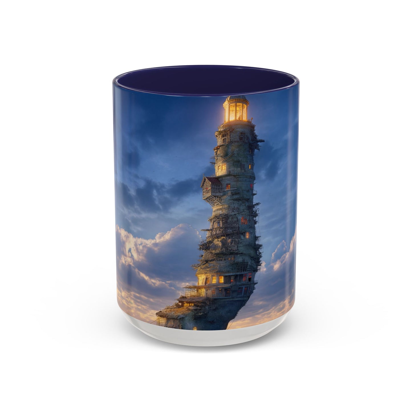 Skyborne Lighthouse Accent Coffee Mug (11, 15oz) – Floating Beacon at Dusk