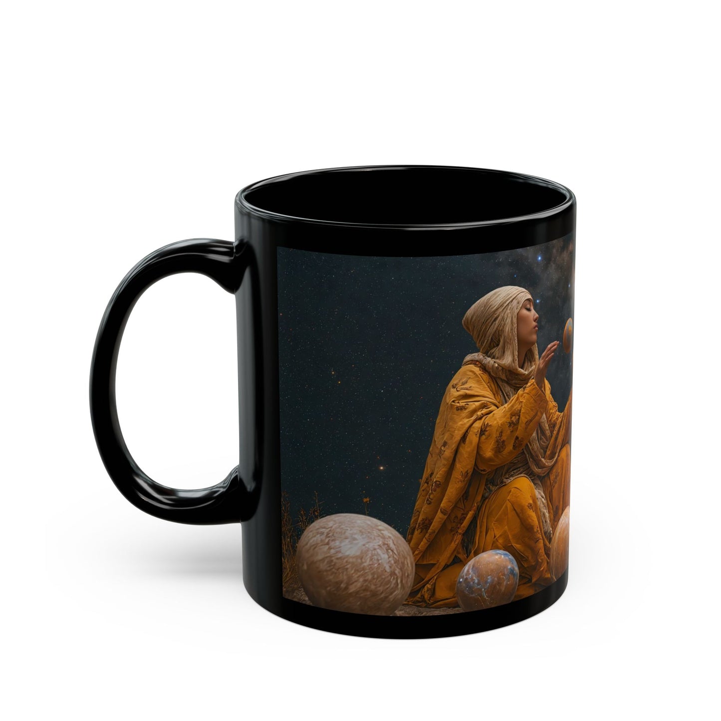 Celestial Weaver Black Mug – Cosmic Threads in Amber Robes
