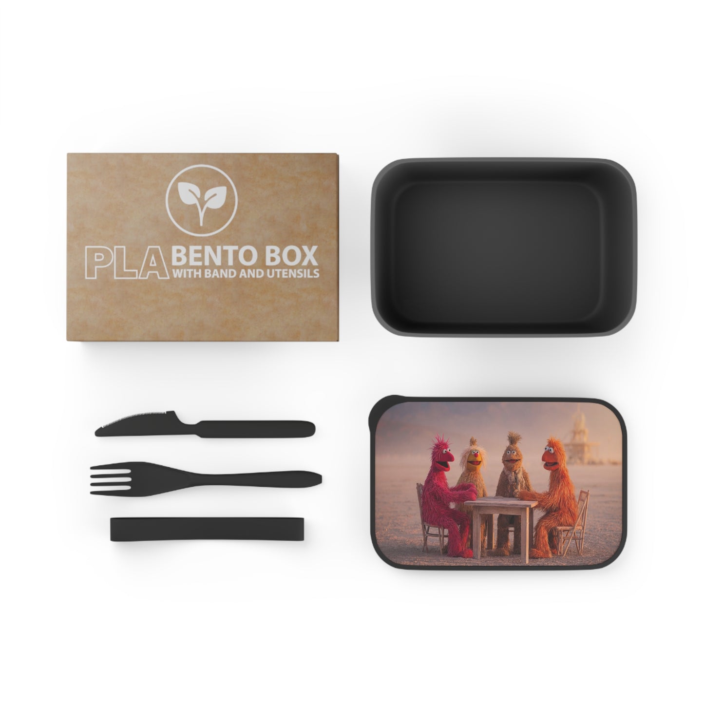Desert Picnic of Four Furry Friends PLA Bento Box with Band and Utensils – Warm Sunset Gathering