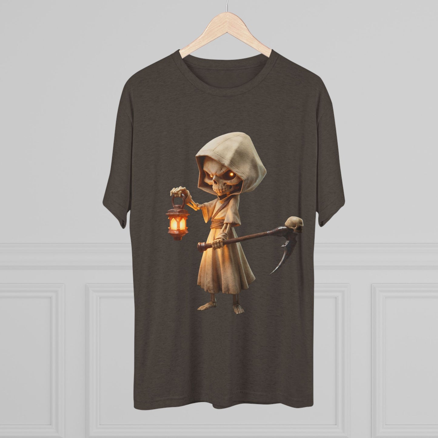 Lantern-Bearing Skeleton Hoodie Tee – Soft Tri-Blend Crewneck with Scythe and Glowing Eyes