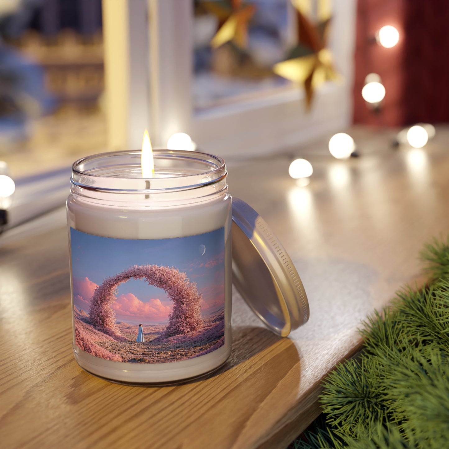 Cherry Blossom Portal Scented Soy Candles with White Lid, 9oz – Twilight Gateway to Quiet Wonder