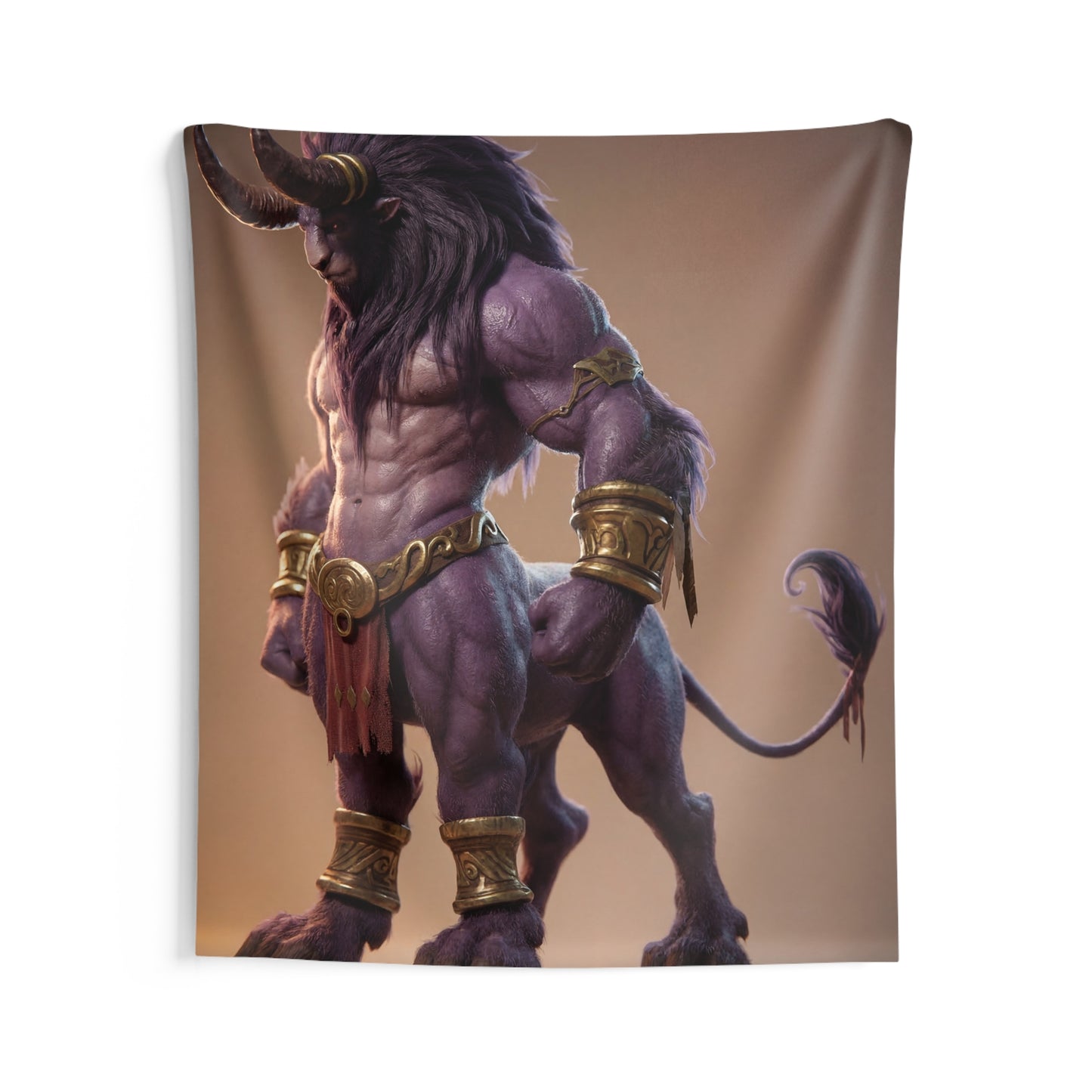 Purple Minotaur Sentinel Indoor Wall Tapestries – Ancient Strength in Warm Light