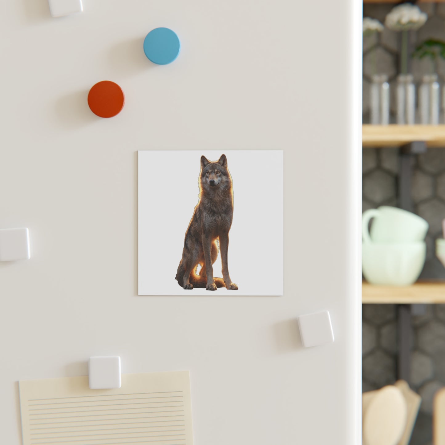Sitting Wolf Square Magnet – Golden Hour Sentinel on Black
