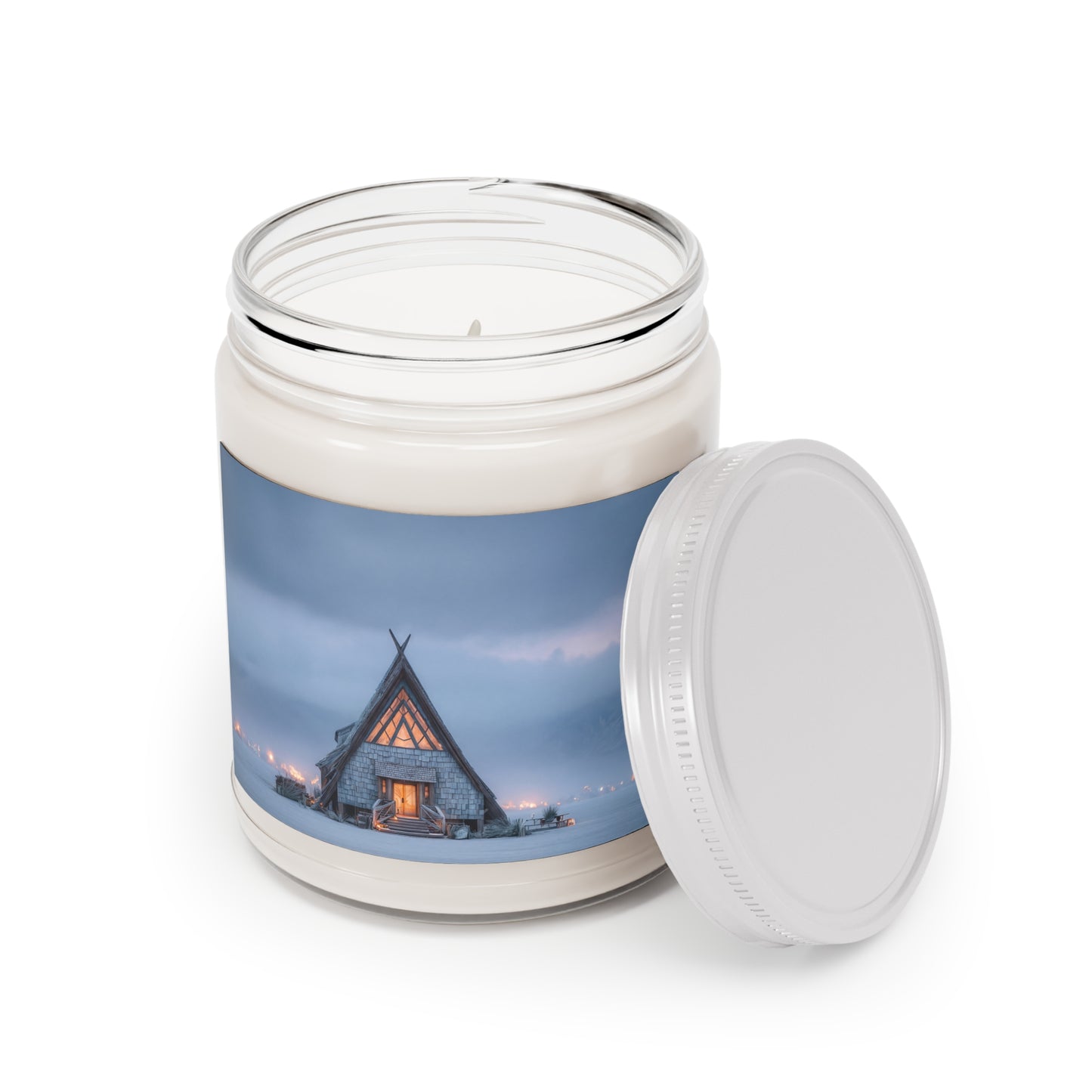 A-Frame Cabin Scented Soy Candles with White Lid, 9oz – Warm Light in the Grey Hours