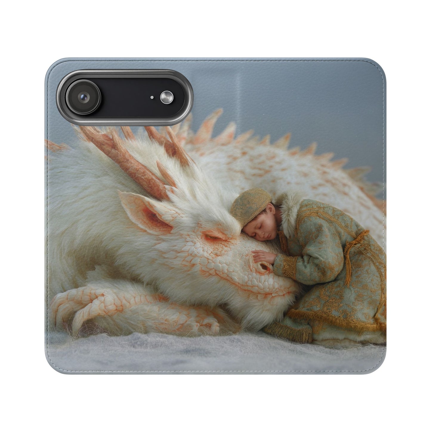 Sleeping Child and Dragon Flip Cases – Snowy Guardian Embrace