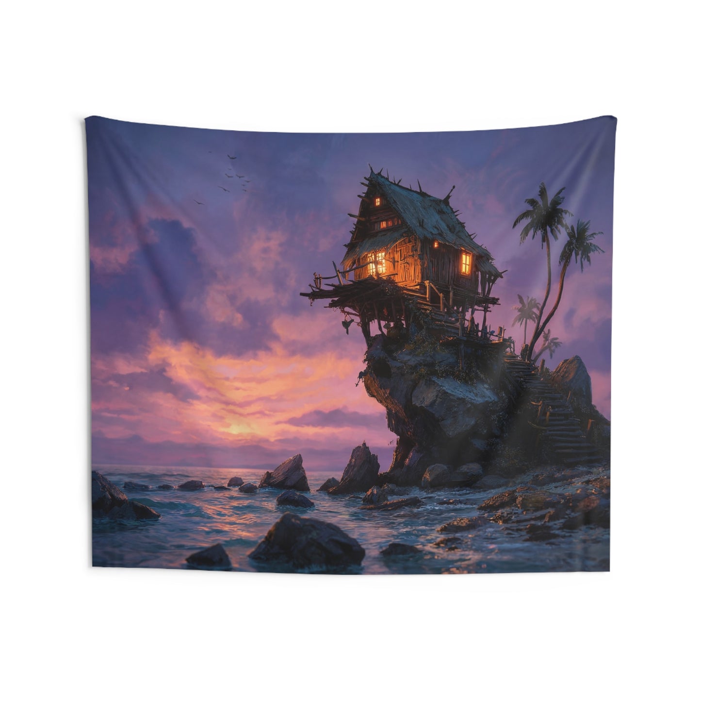 Seabound Cottage Wall Tapestry – Twilight Haven on the Edge of the World
