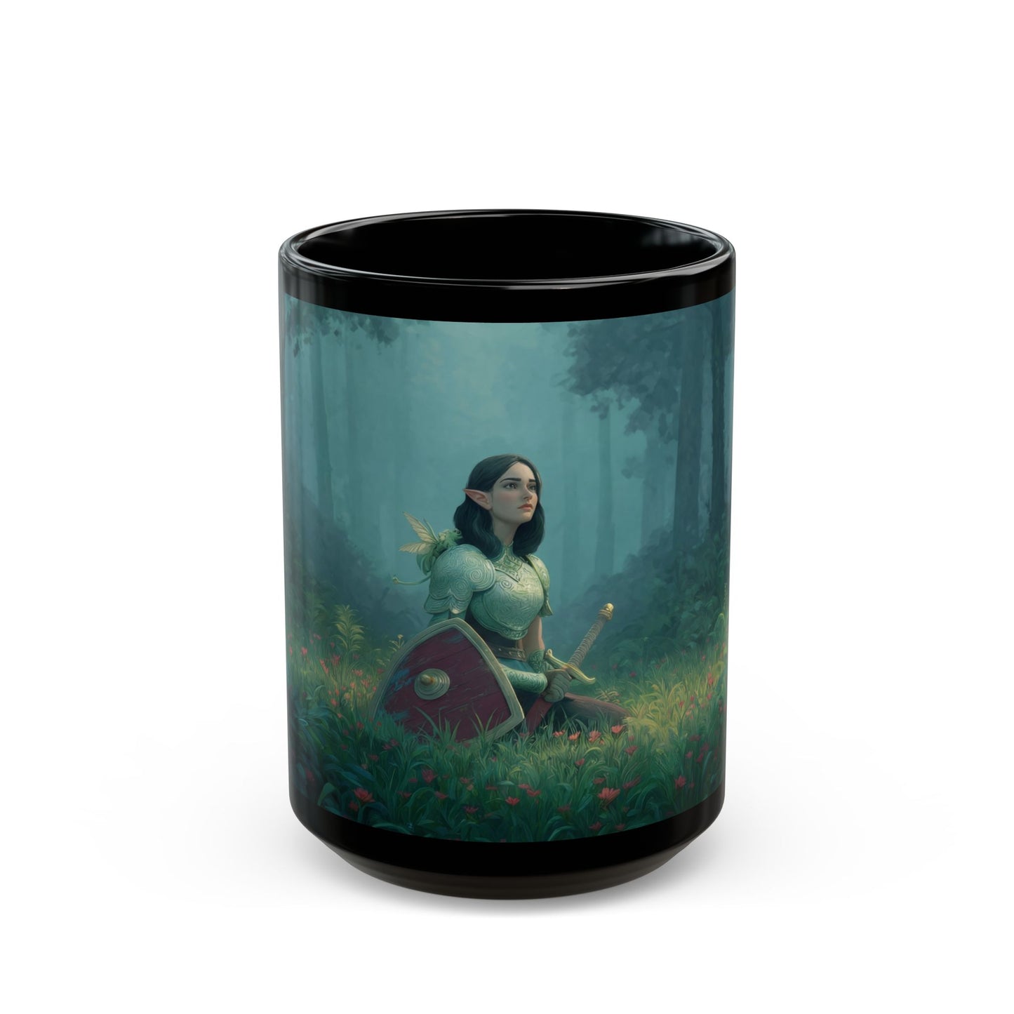 Forest Sentinel Black Mug – Misty Grove Guardian Dreamscape