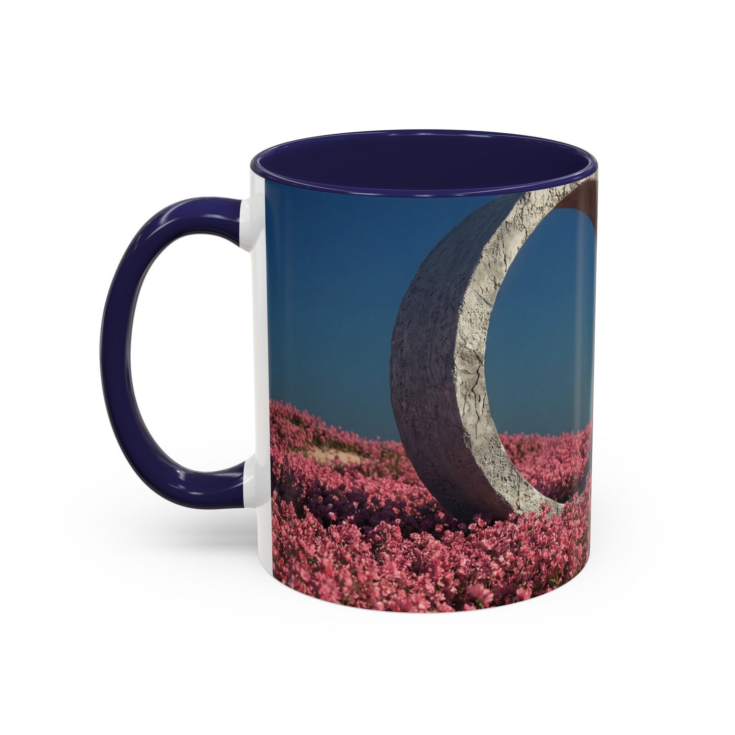 Stone Ring Garden Bloom Accent Coffee Mug – Cracked Concrete Portal in Pink Wildflowers