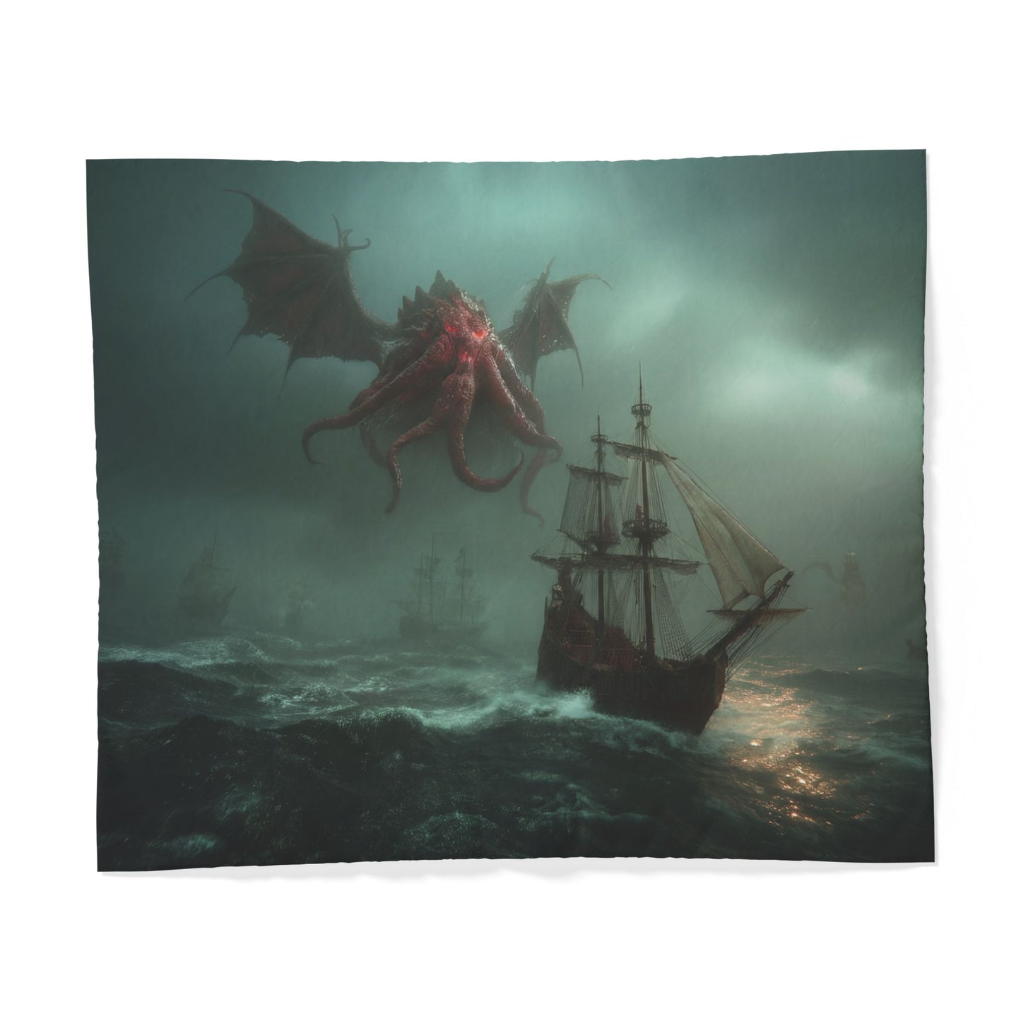 Crimson Leviathan Cotton Duvet Cover – Stormy Sea Guardian Print