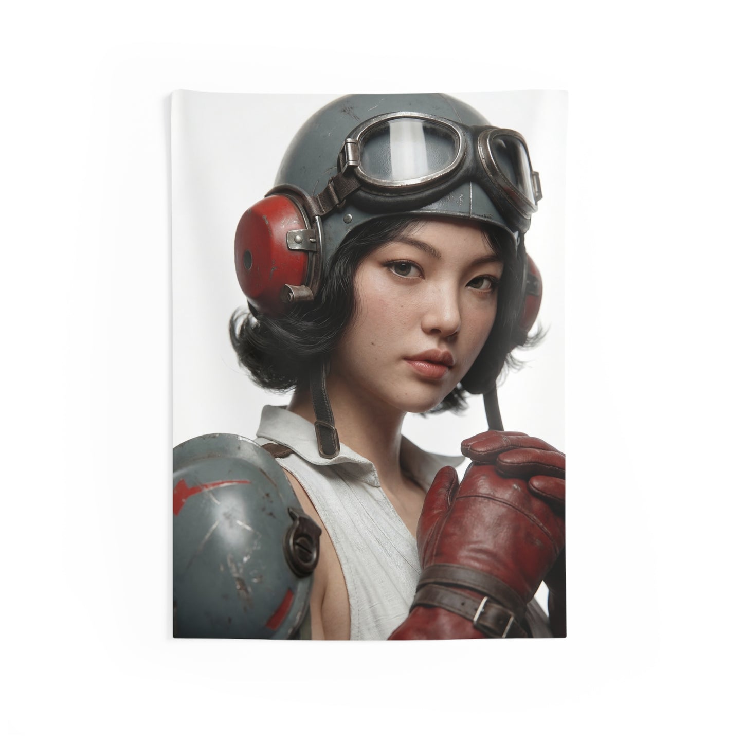 Vintage Pilot Portrait Indoor Wall Tapestries – Crimson Goggles & Steel Resolve