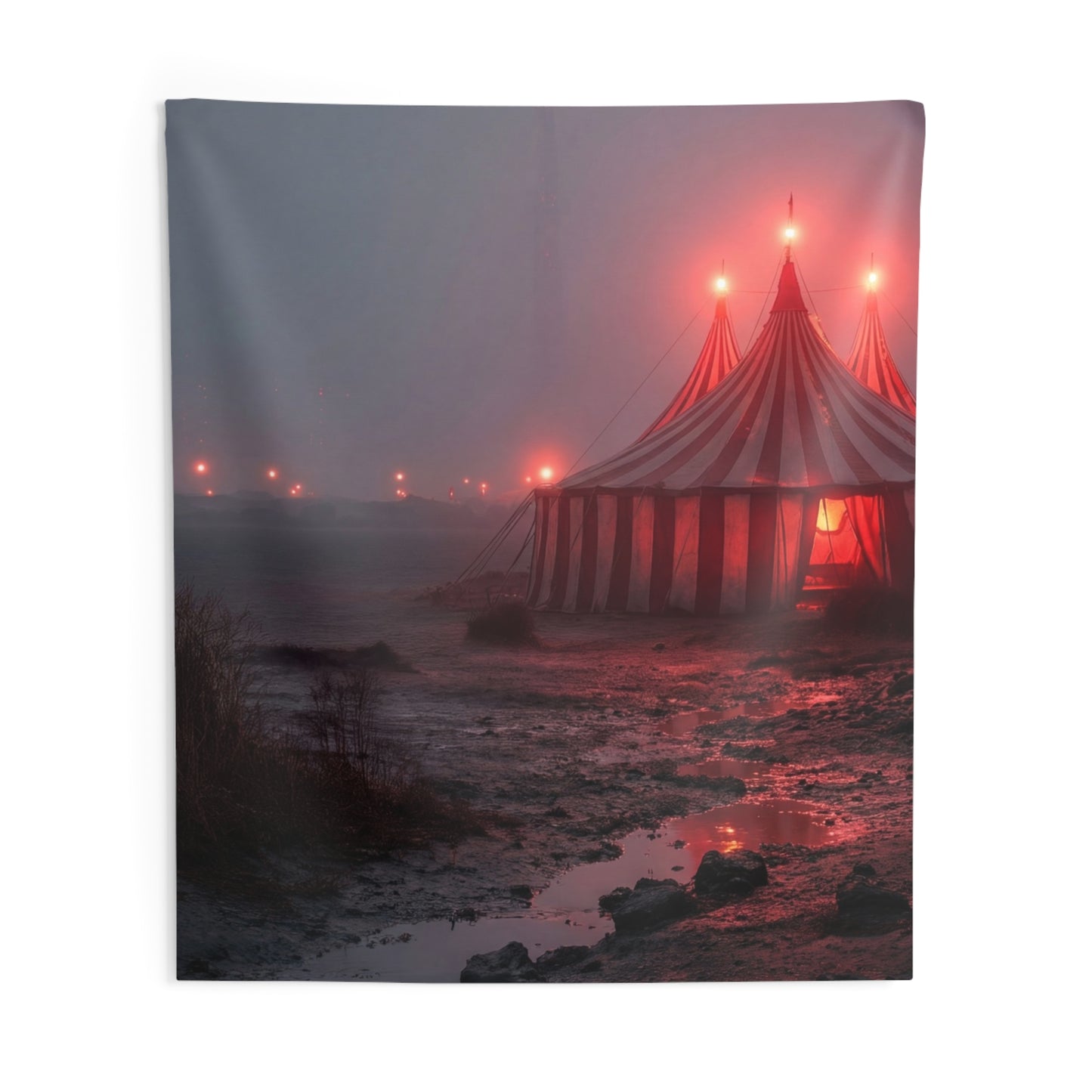 Crimson Circus Tent Indoor Wall Tapestries – Midnight Mirage on the Shoreline