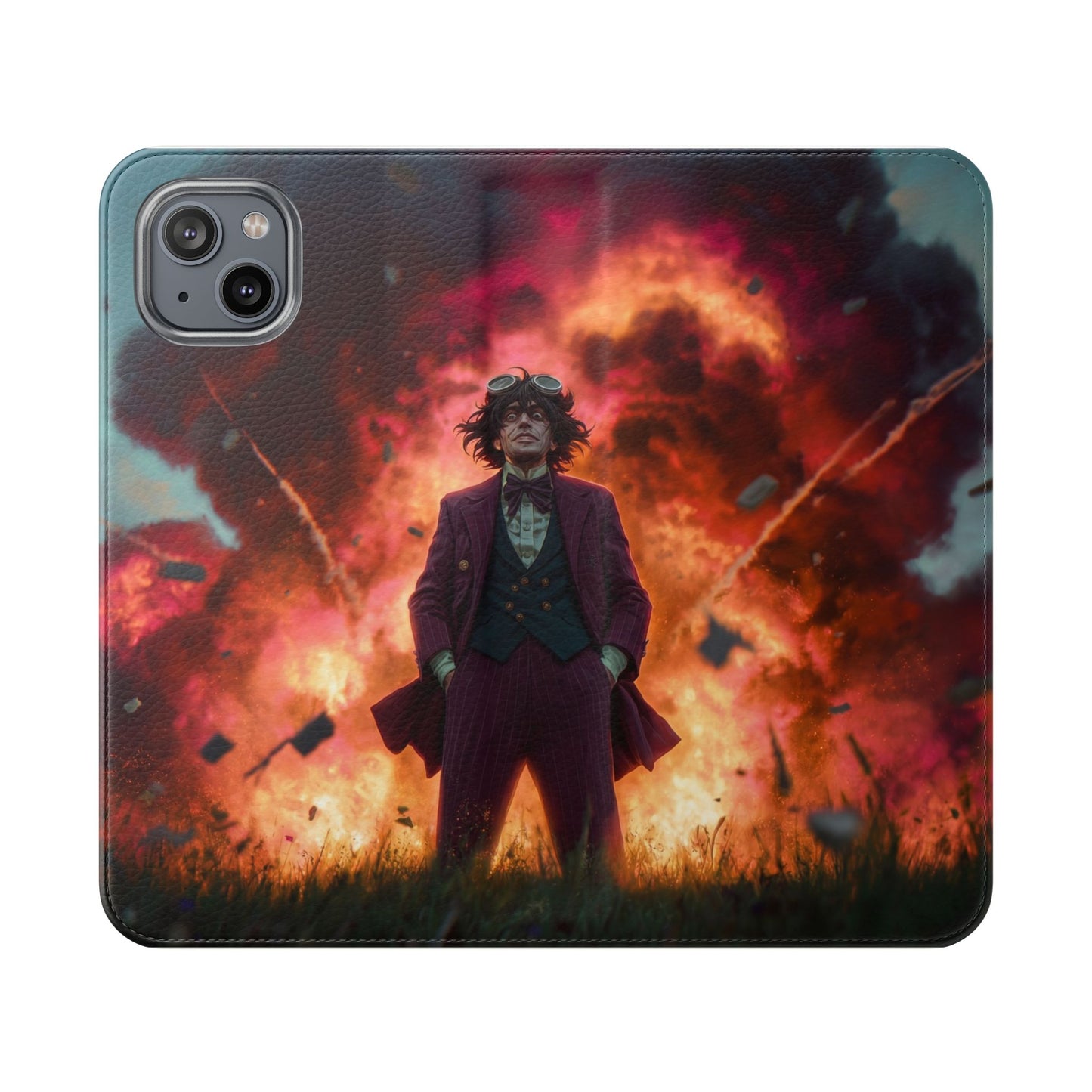 Goggles & Chaos Flip Cases – Purple Suit Amidst Fiery Explosion