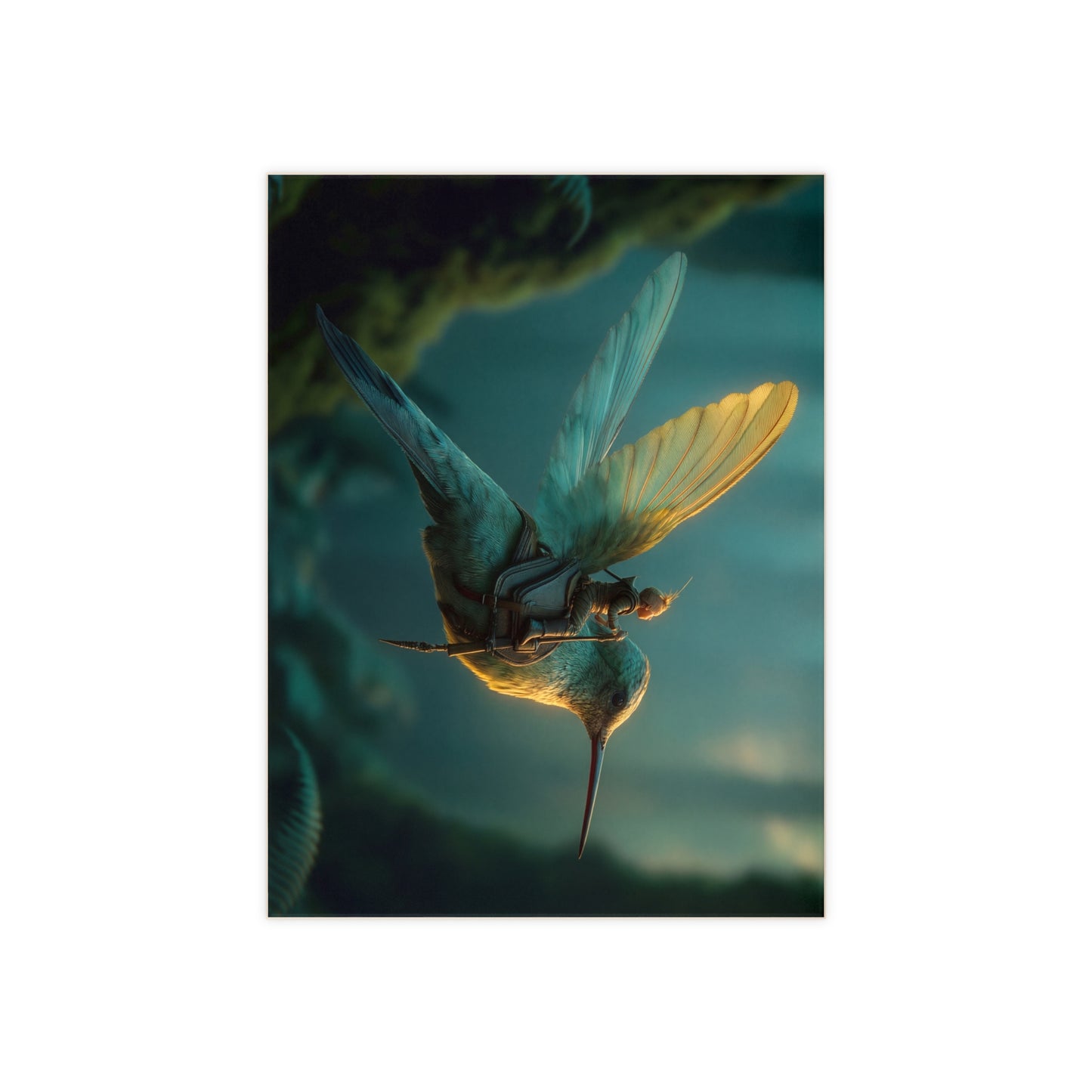 Tiny Knight on Hummingbird Ceramic Photo Tile – Sunlit Forest Ride