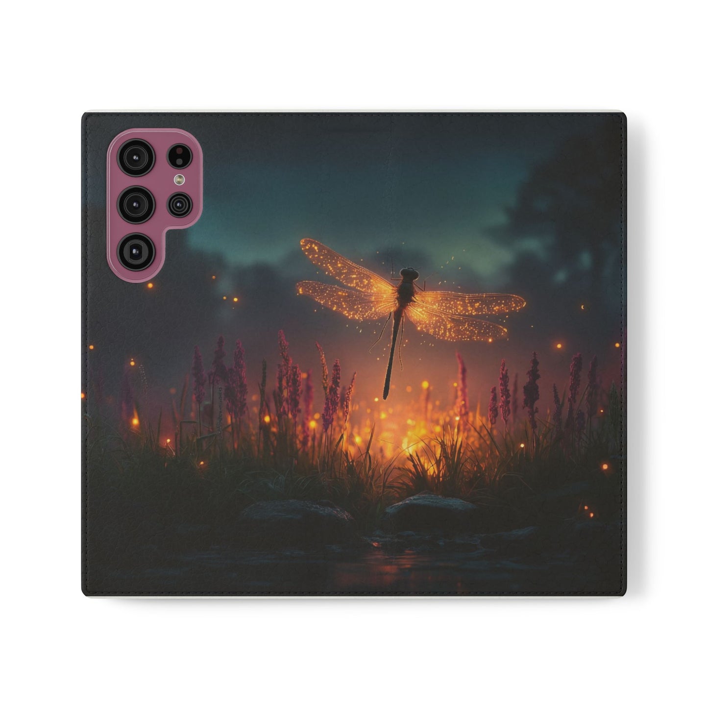 Bioluminescent Dragonfly Flip Cases – Glowing Amber Wings Over Twilight Marsh
