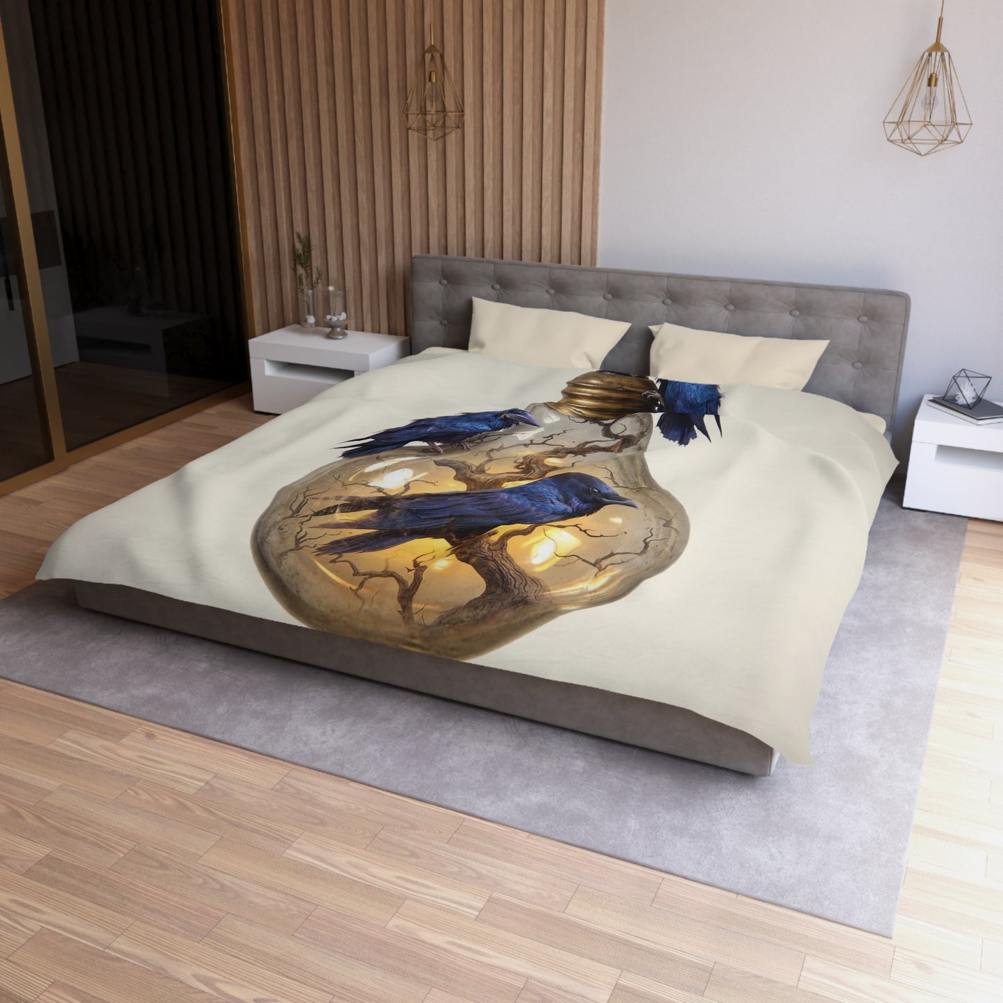 Ravens in the Lightbulb Microfiber Duvet Cover – Whispers of Illuminated Wisdom