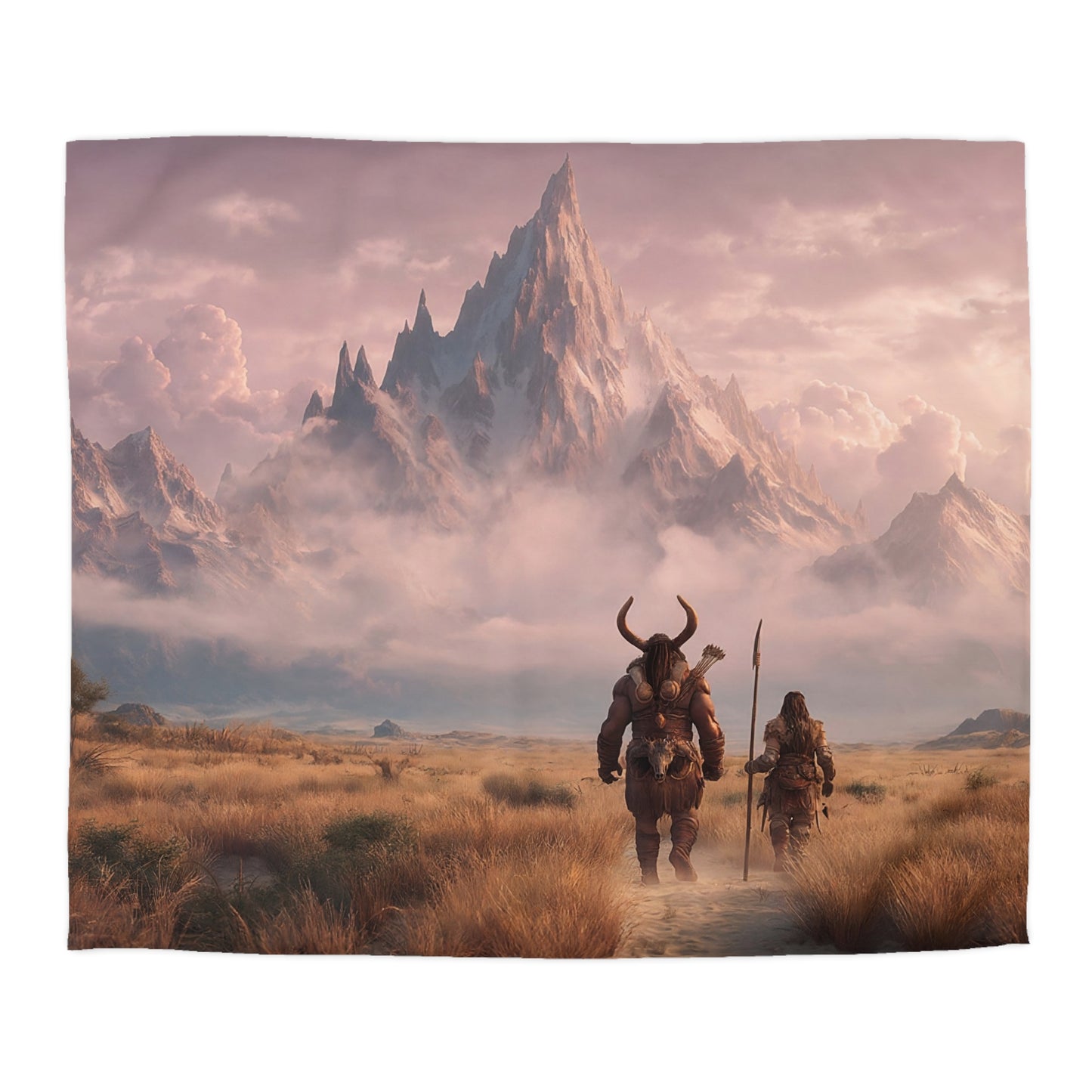 Two Travelers Before the Snowpeak Duvet Cover – Dawn’s Whisper on the Mountain Pass