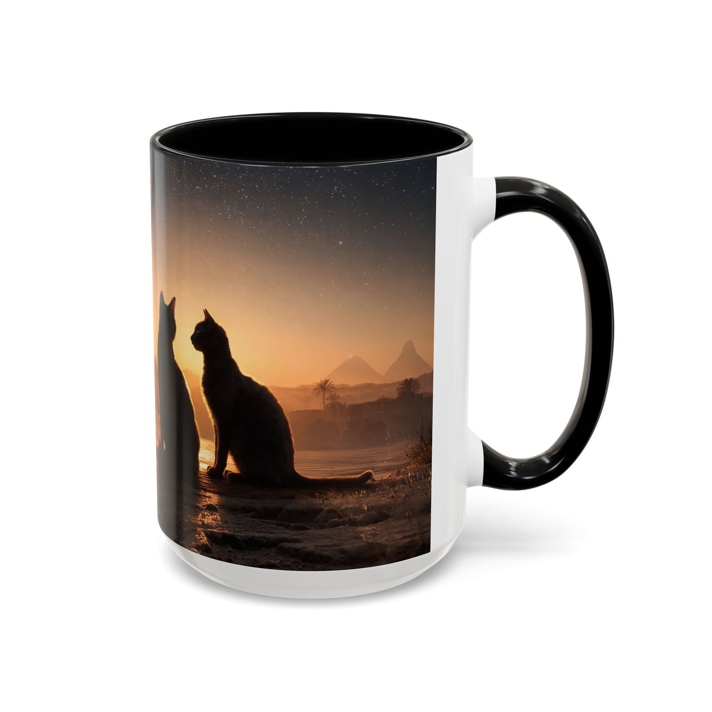 Starry Nile Guardian Cats Accent Coffee Mug (11, 15oz) – Ancient Pyramids Milky Way