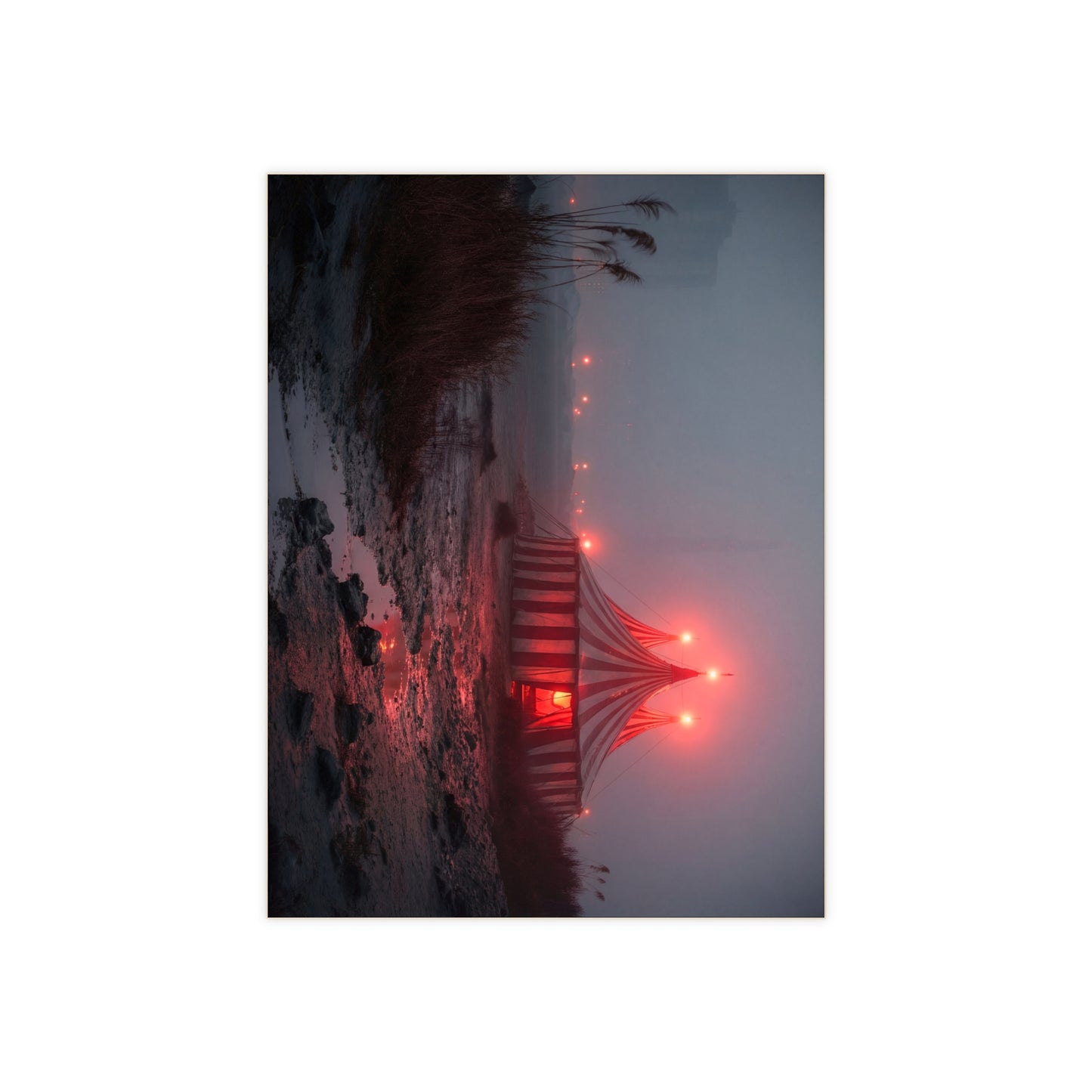 Midnight Circus Tent Ceramic Photo Tile – Glowing Red Canvas in Foggy Twilight