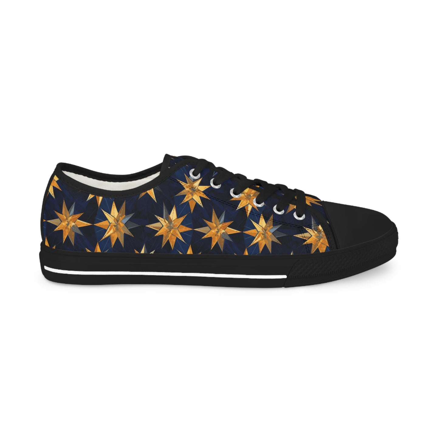 "A kaleidoscopic pattern of geometric star formations radiating from a central point, using a palette of deep sapphire, smoky quartz, and dark citrine hues." - Men's Low Top Sneakers