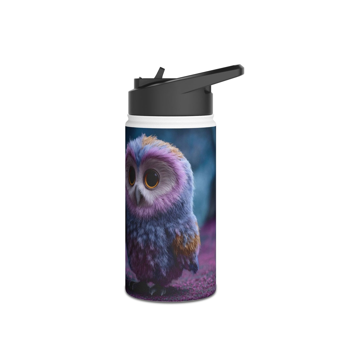 Purple Owl with Velvet Heart Stainless Steel Water Bottle, Standard Lid – Midnight Whimsy Companion
