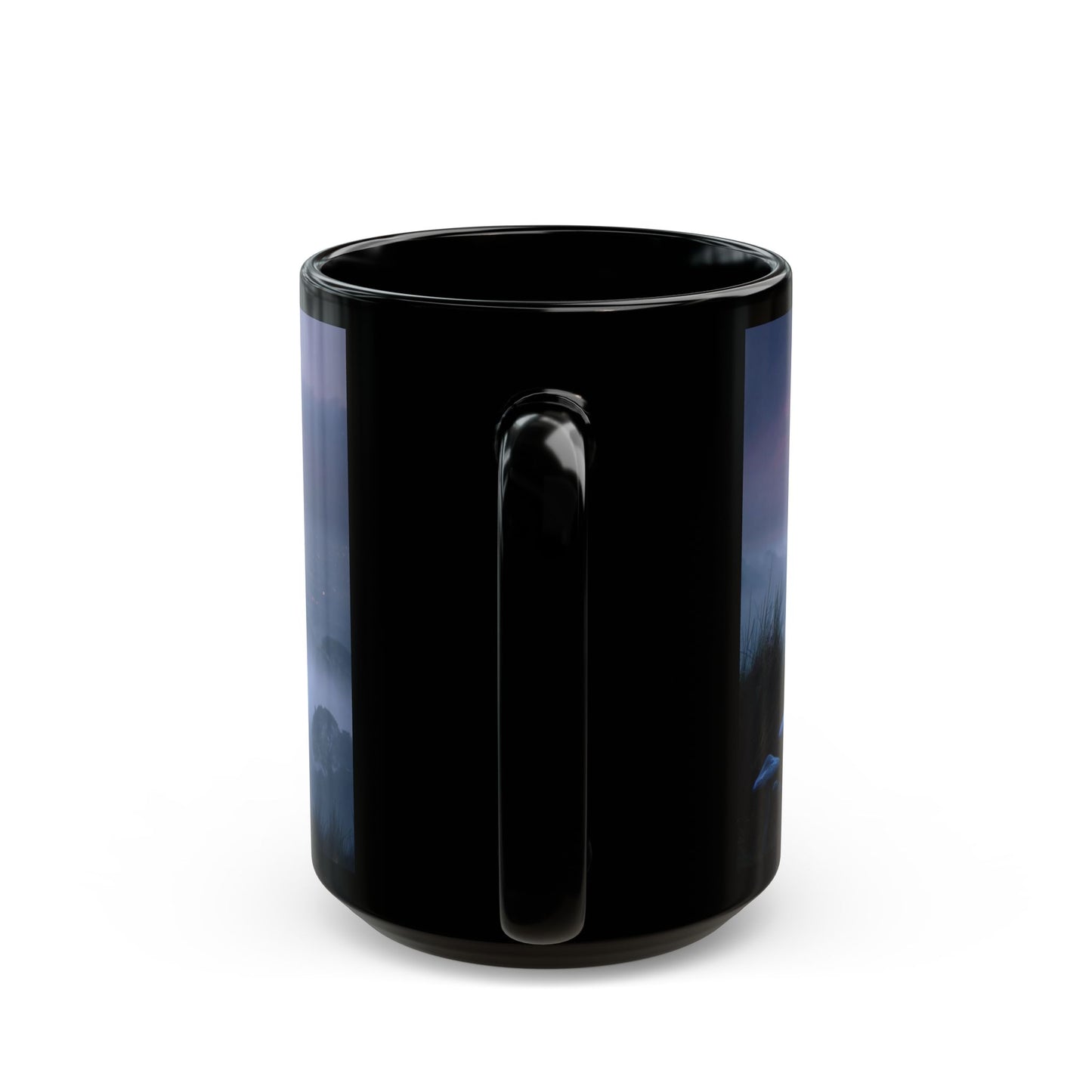 Solitary Sentinel Mug – Twilight Over Cityscape with Moon and Mushrooms