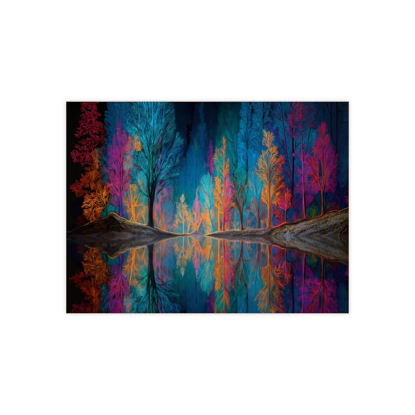 Chromatic Forest Reflection Ceramic Photo Tile – Where Nightglow Meets Water