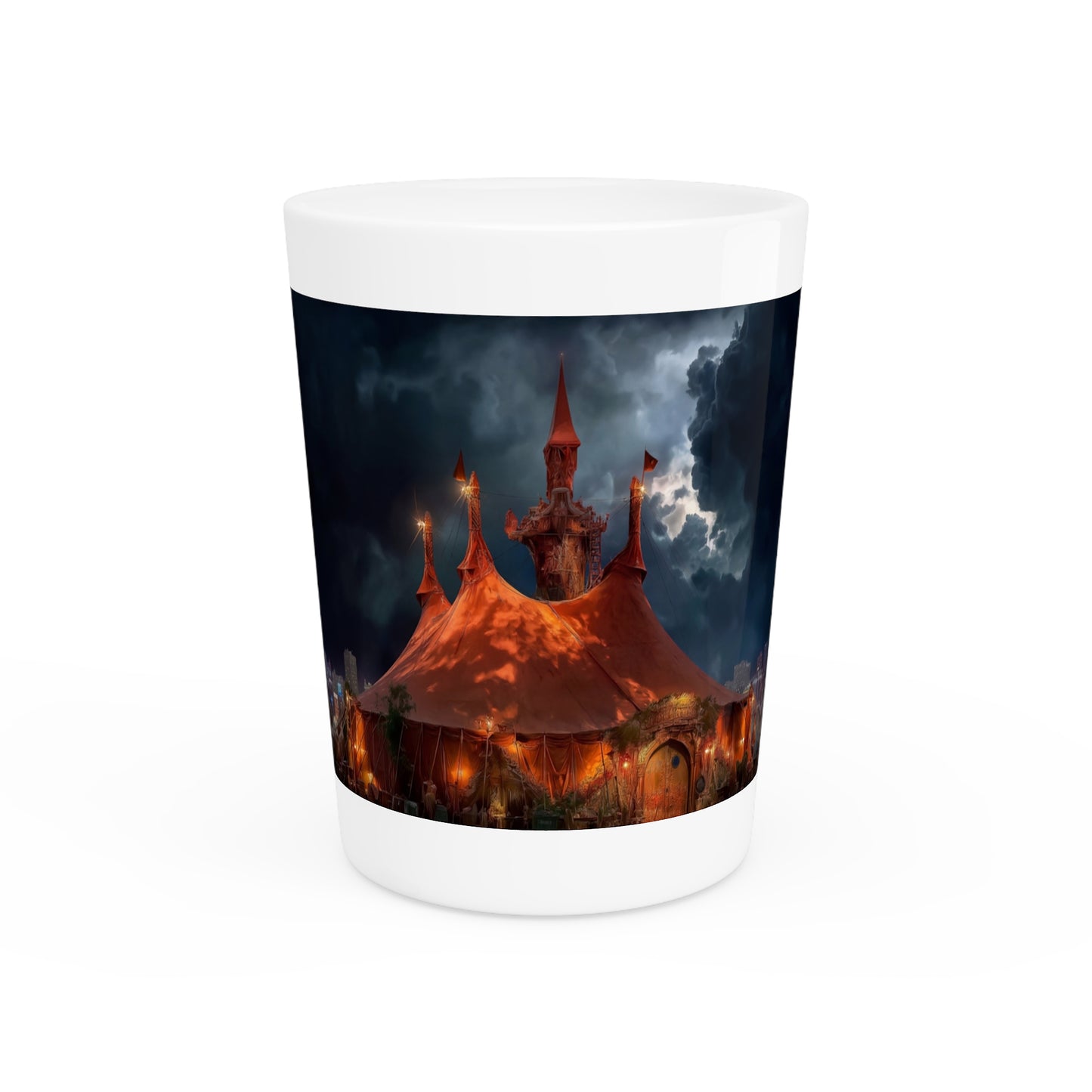 Crimson Circus Tent Shot Glass – Neon Nightscape Under Stormy Skies