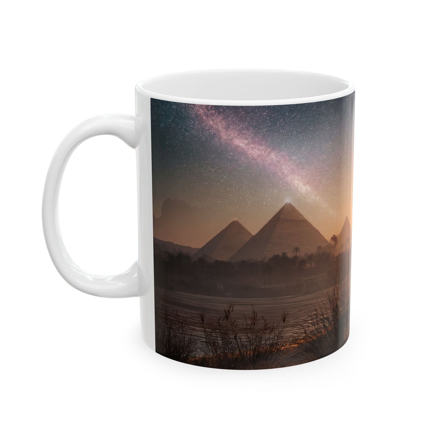Starlit Pyramids Cat Mug – Ancient Nightwatchers Under Milky Way