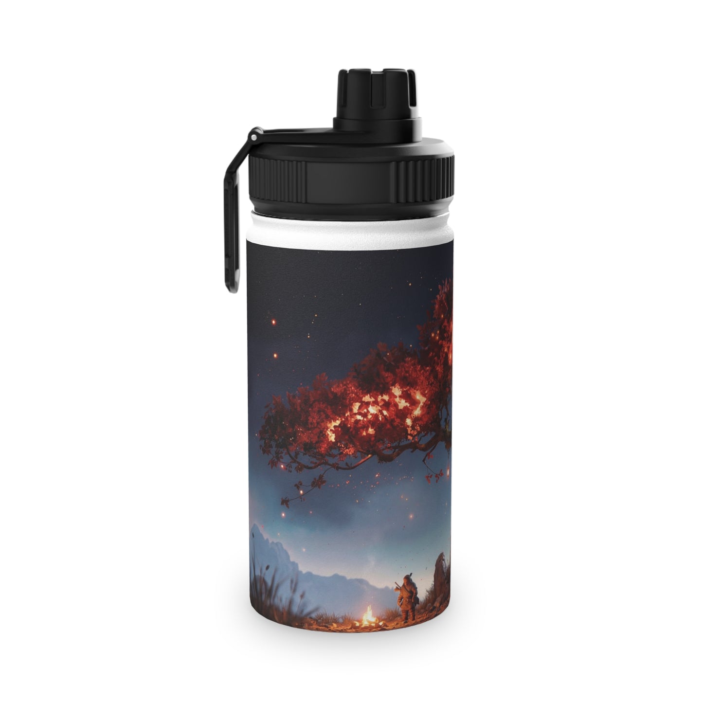 Whispering Ember Tree Stainless Steel Water Bottle, Sports Lid – Moonlit Campfire Sanctuary
