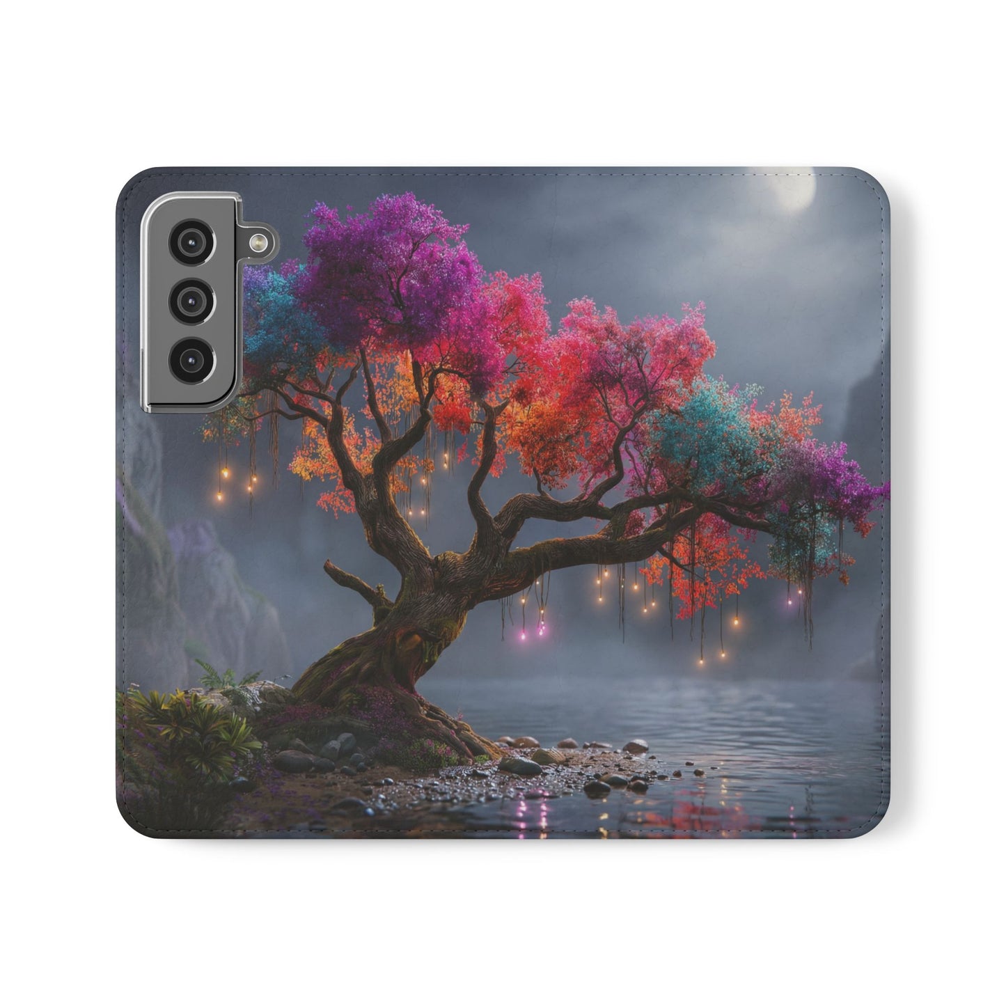 Chromatic Canopy Flip Cases – Rainbow Tree Moonlit Waterfall Scene