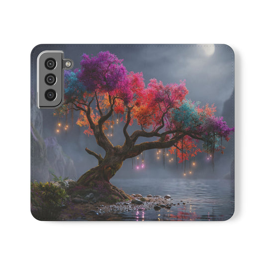 Chromatic Canopy Flip Cases – Rainbow Tree Moonlit Waterfall Scene