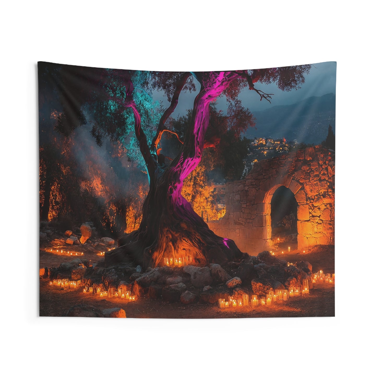Ancient Grove Candlelight Tapestry – Mystical Tree Sanctuary at Dusk