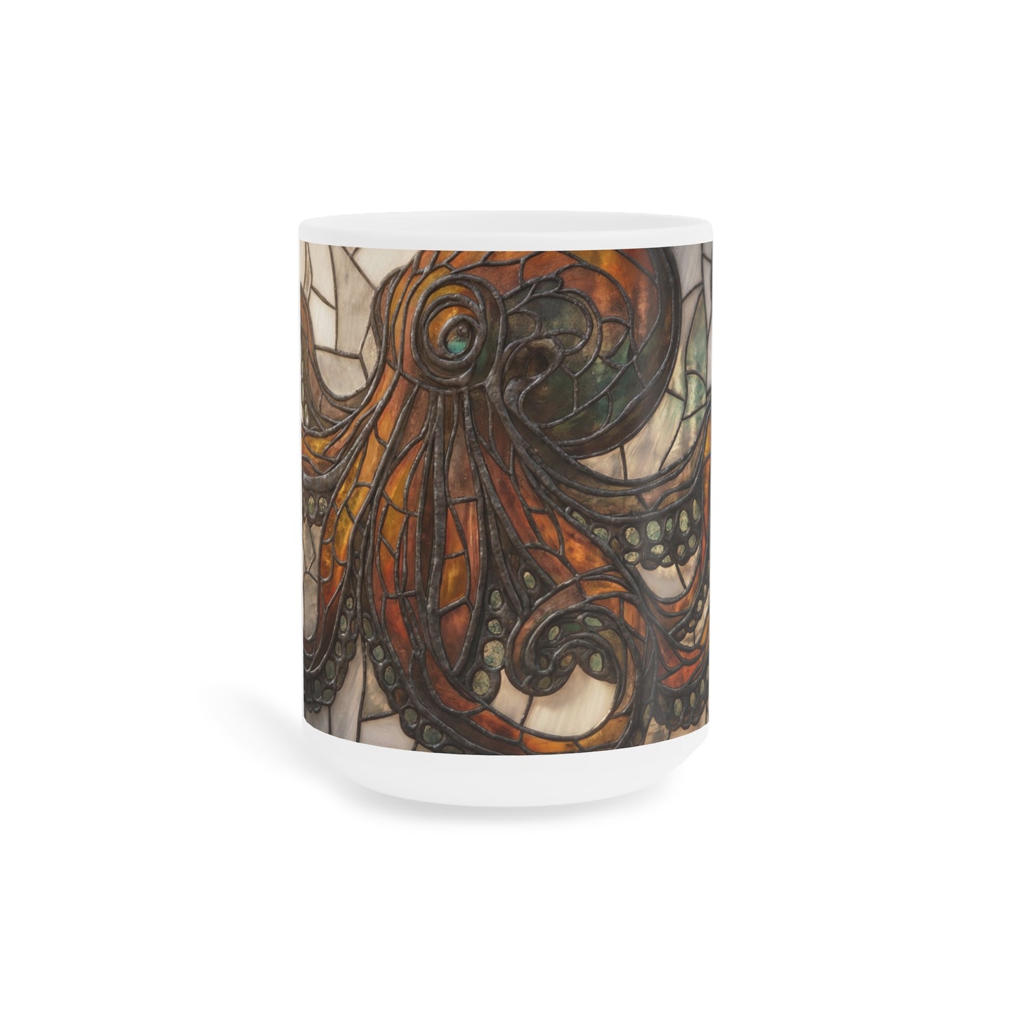 Art Nouveau Octopus Stained Glass Mug – Warm Amber Whirls on Deep Frame