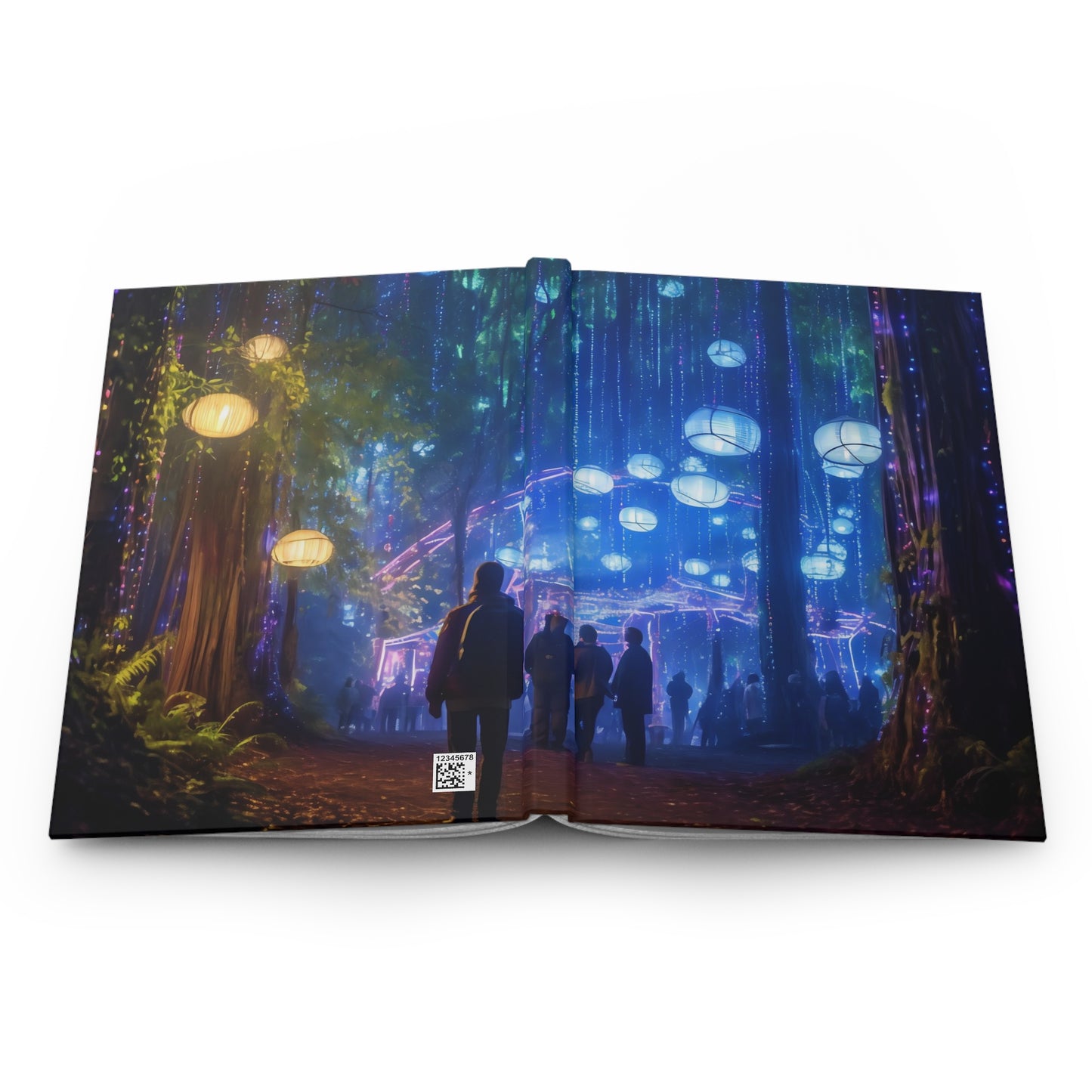 A cyberpunk vision of the Oregon Country Fair, where neon lights illuminate the path, holographic performers entertain the crowd, and the merry blend of tradition and technology creates an enthralling spectacle - Hardcover Journal Matte