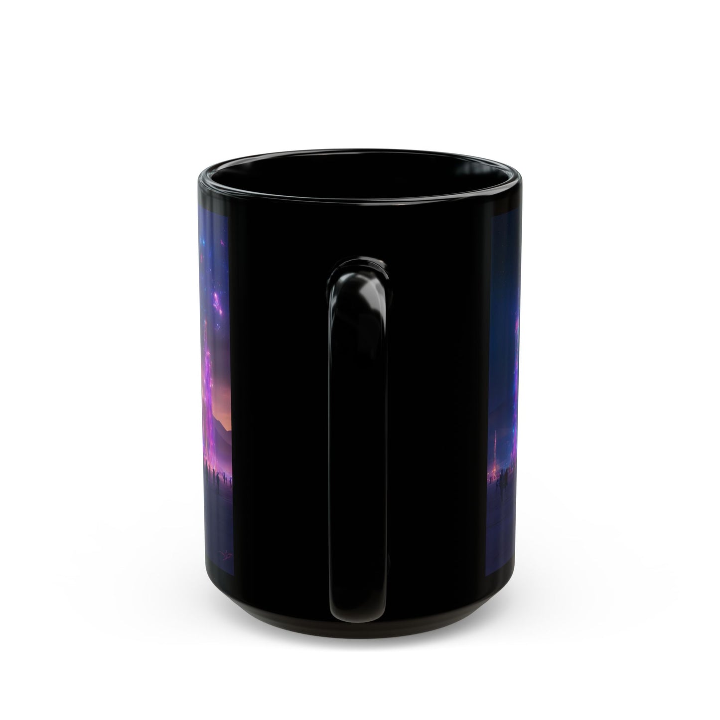 Cosmic Spire Sanctuary Black Mug – Neon Nebula Dreamscape