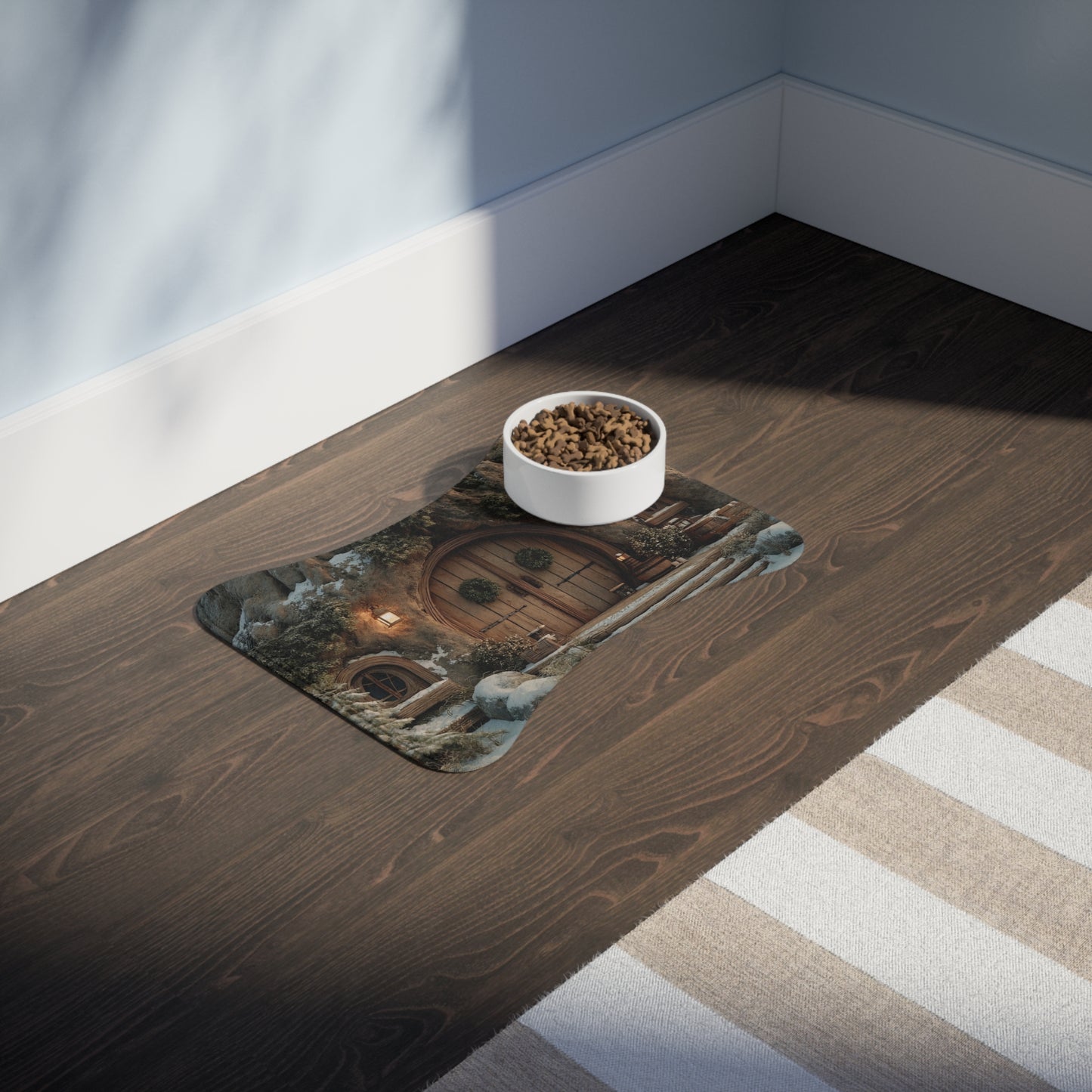 Winter Hollow Cottage Pet Feeding Mats – Snow-Dusted Hearth Welcome